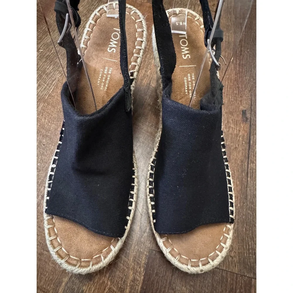 TOMS Women's 8.5 Black Espadrille Wedge Sandals Slingback Peep Toe